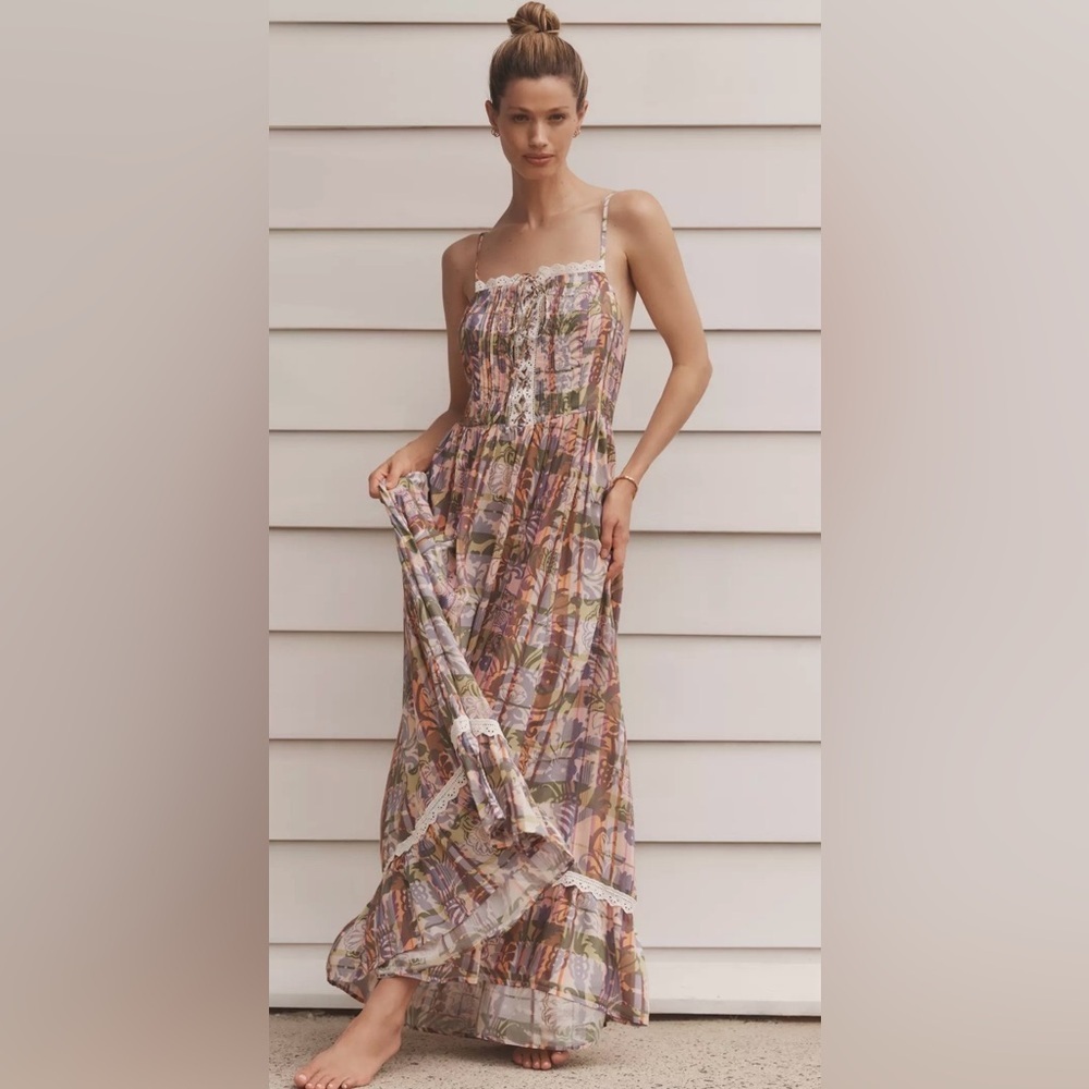 By Anthropologie Womens Sleeveless Eyelet-Trimmed Open-Back Maxi Dress Sz Large
